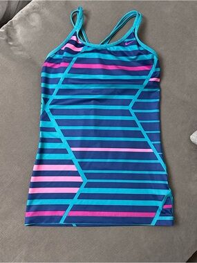 Nike Fit Dry Women’s Multicolored Blue Stripes Workout Gym Tank Top Shirt Sz: S